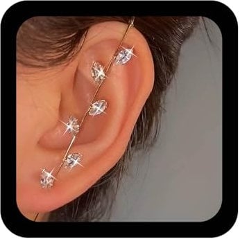 Andelaisi Boho Rhinestone Leaf Earrings Stick Ear Wrap Earring Gold Ear Ear Wrap Crawler Hook Earrings Gold Edge Pin Hook Cuff Earrings Inlaid Rhinestone Hook Earrings Jewelry for Women and Girls