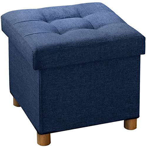 BRIAN & DANY Folding Storage Ottoman with Wood Legs, Linen Foot Stool, Storage Chest with Highly Elastic Sponge Filling, Navy Blue, 38 x 38 x 38 cm