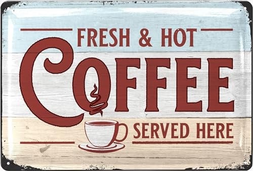 LANOLU Blechschild Kaffee retro - COFFEE Schild SERVED HERE - Küchen Deko vintage Geschenk für die Coffee Bar - Dekoration Küche und retro Diner Deko in Holz Optik - Metallschild, 20x30 cm