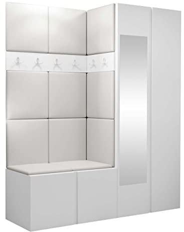 Mirjan24 Garderoben-Set Monati XII, Kleiderschrank mit Spiegel, Schuhschrank, 2X Kleiderhakenbrett, Gepolstertes Paneel/Wandpaneel, 6 Doppelhaken, Flurgarderobe, Wandgarderobe (Weiß, Soft 017)
