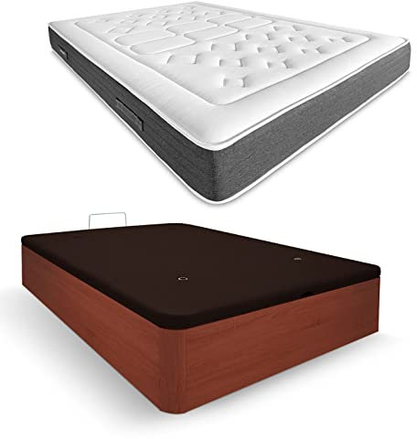 DUÉRMETE ONLINE - Packung viskoelastische Matratze Bio Nature Dicke 24 cm + Klappbett aus Holz, große Kapazität | Farbe Kirschrot 135 x 190