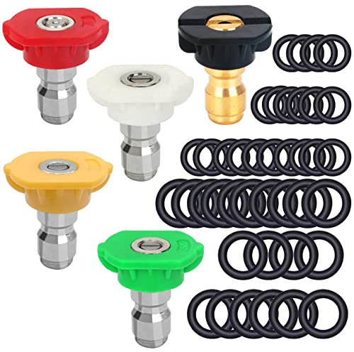 CKANDAY Confezione da 5 ugelli spray per idropulitrice + 40 O-Ring di ricambio per ugelli da 1/4 e 3/8, ugelli a 5 gradi da 1/4 di pollice con attacco rapido M22, 4000 PSI