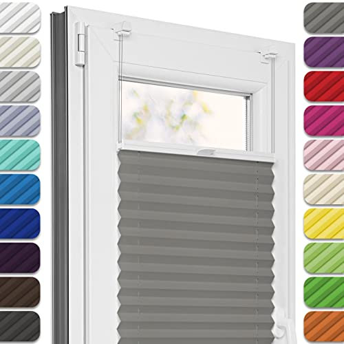 Estika Plissee ohne Bohren, Premium Klemmfix - 30cm Breite x 80cm Höhe - Dunkelgrau - Metal Plisseehalter ohne Bohren, Modern Sichtschutz für Fenster, Jalousien Fenster für innen