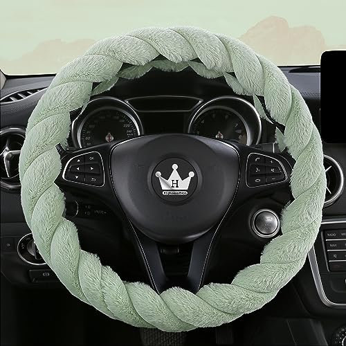 HighnessHwoo Luxuriöse Flauschige Winter Auto Lenkradbezüge für Damen, Weich, Warm, Plüsch, Niedlich, Auto Innenzubehör für Fahrzeug Limousine, rutschfest, Grün, Flauschig, Standardgröße(37–38cm)