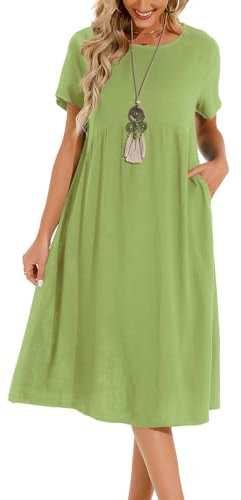Lpecmin Womens Summer Dresses Casual Short Sleeve Round Neck Midi A Line Cotton Linen Sundress with Pockets(Green-01, Medium)