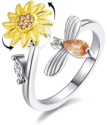 mciskin Flowers Fidgets Spinner-Ringe für Frauen, drehbarer Zirkonia, verstellbare offene Ringe, lindert Angst, Stress, Langeweile, beruhigende Sorgen, Meditationsringe, Spinner-Fidget-Ring