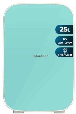 Cecotec Mini Réfrigérateur Bolero MiniCooling 25L Bahamas Mint. Design compact, polyvalent 12V-220V, refroidit jusqu'à 7ºC et chauffe jusqu'à 65ºC, idéal pour voyages.