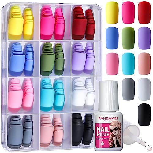 FANDAMEI Matte Press on Nails - 12 Packs of 288 Medium Square, Matte Color Glue on Nails. Short Square Acrylic Fake Nails Full Cover, Medium Length False Nails with Nail Glue
