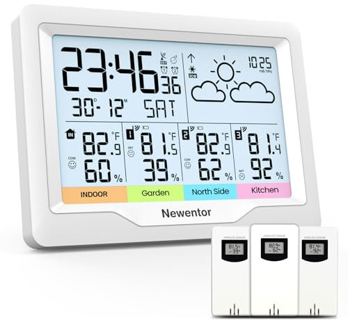 Newentor Weather Stations Wireless Indoor Outdoor Multiple Sensors, Indoor Outdoor Thermometer with Atomic Weather Clock Battery Powered, Temperature Humidity Monitor and Barometer for Home, White