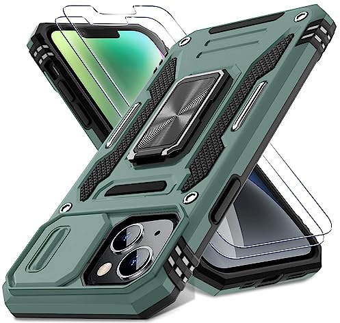 DEERLAMN Case for iPhone 13/iPhone 14 6.1-Inch with Slide Camera Cover+Screen Protector(2 Packs),Rotated Ring Kickstand Military Grade Shockproof Protective Cover-Green