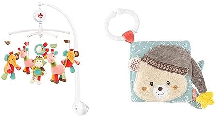 Fehn Musik Mobile Safari - Baby Einschlafhilfe Musikspielzeug mit süßen Tieren & Soft Bilderbuch Bruno – Baby Fühlbuch aus Stoff mit Tier Motiven