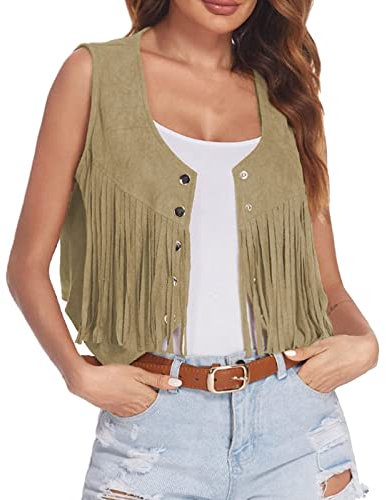 2024 Gilet natalizio con frange da donna in finta pelle scamosciata aperta sul davanti, senza maniche, stile hippie anni '70, giacca in pile lunga, Marrone, XXL