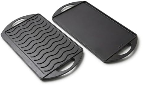 35 x 25 cm - Griglia Piastra REVERSIBILE, Bistecchiera in Ghisa Smaltata | 2 Superfici Liscia e Ondulata, Antiaderente, Per Fuoco Aperto Fornelli BBQ, Doppia smaltatura LUNAWAY