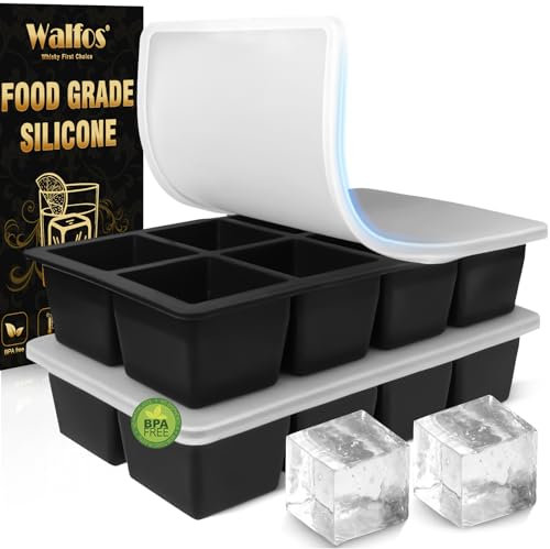 Walfos Large Silicone Ice Cube Molds, 2pcs 8 Cubes Silicone Ice Cube Tray,BPA-Free, Easy to Pop Out, Prefect for for Whiskey, Cocktails, Baby Food(Black)