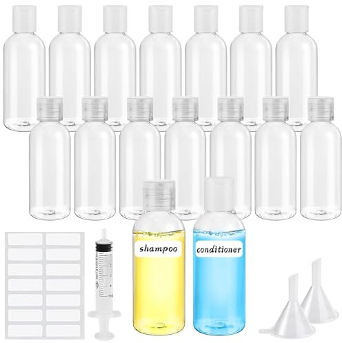 50ml Travel Bottles for Toiletries, 16Pcs Small Plastic Bottles, Empty Containers for Liquids with Syringe Funnel Label, Flip Squeeze Cap, Refillable Transparent Travel Bottle for Lotion Cosmetic