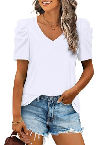 Shen&Qege Damen-Sommer-Shirt, V-Ausschnitt, lässige T-Shirts, Puffärmel-Tops für Damen