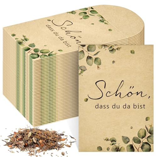 Faccito 50 Stück Blumensamen Geschenktüten Enthält Keine Samen Mini Kraftpapier Samen Tasche mit Eukalyptusmotiv für Gastgeschenke Hochzeit Kommunion Taufe Babydusche (Schön Dass du da Bist)