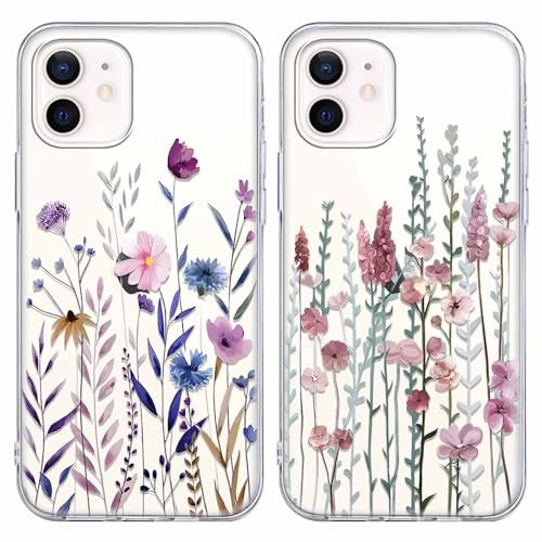 Coiwxmoi 2 Stück Blumen Handyhülle für iPhone 12 / iPhone 12 Pro Hülle,Transparent Aesthetic Muster Handyhülle für Mädchen Frauen Durchsichtig Weich Silikon TPU Stoßfest Schutzhülle für iPhone 12 6,1