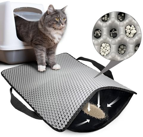 Hanbramo Katzenklo Matte, 61x38 CM Honeycomb Double Layer Non-Slip Katzenstreumatte, Wasserdicht und Urin Proof Katzenmatte Katzenklo für Litter Catcher -Cat Litter Mat Streu Kontrolle (Grau)