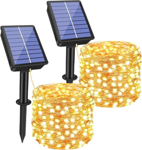 Laspi Guirlande Solaire Exterieur, lot de 2 Guirlande Lumineuse Solaire, 15m 150 LED, IP65 Améliorer Les Panneaux Solaires 8 Mode, pour Terrasse, Portail, Cour, Arbres, Barbecue, Mariage, Fête