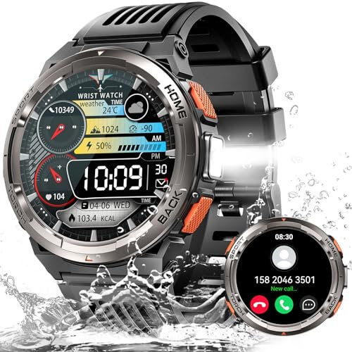 JELLOO Smartwatch Militare da Uomo Torcia LED Impermeabile 3ATM Smartwatch tattico HD da 1,45'' con Bussola Altitudine Barometro SOS Orologio Fitness allarmante per iPhone Android