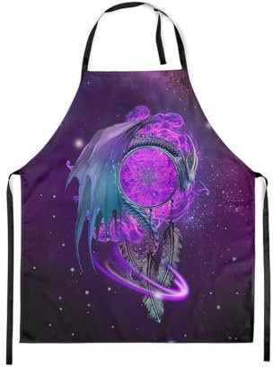 Homewish Traumfänger Schürze für Erwachsene Jungen Mädchen, Drachenfeder Bedruckte Kochschürze 78x66 (LxW), Galaxy Glitter Sterne Küchenschürze, Lila Neon Licht Kochschürze für Kaffeehaus