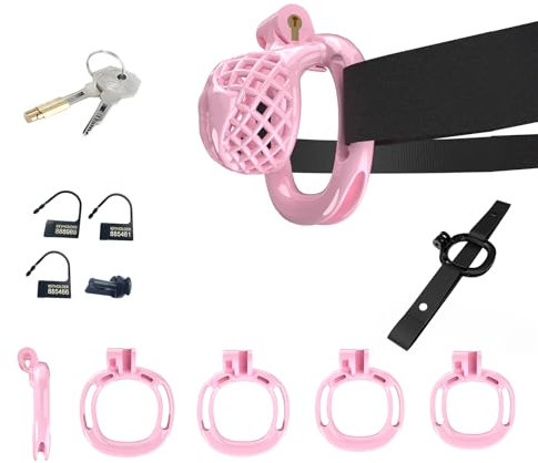 QgLust Keuschheitskäfig-Set für Männer, Keuschheitskäfig-Set aus Harz, kommt mit 4 Penisringen, SM-Bondage-Fetisch, atmungsaktives Käfig-Sexspielzeug für Männer (Rosa S)