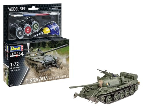 Revell Modellbausatz T-55A/AM mit KMT-6/EMT-5 | Hoch detaillierter Bausatz des weltweit am häufigsten produzierten Kampfpanzer | Mit Minenräum-Ausrüstung | Inkl. Kleber und Pinsel