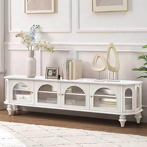 HOLGVE TV Schrank, Fernsehtisch mit Glasschranktür, Fernsehschrank Aus Massivholz, Medienschrank Mit Römischen Schrankbeinen, TV-Board, Wohnzimmermöbel(Wit)