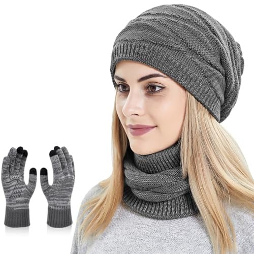 KIRAAT Damen Slouchy Beanie Schal Handschuhe Set für Mädchen Warme Strick Winter Ski Hut mit Fleece gefüttert (grau)
