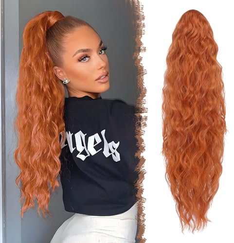 FESHFEN Lange Zopf Pferdeschwanz Haarextension mit kordelzug Lang Wellig Lockig Synthetik Haarverlängerung Natürliches Clip in Haarteil Kunsthaar Ponytail für Damen Kupferrot