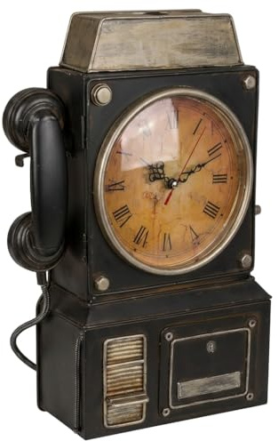 MIJOMA Metall-Schlüsselkasten im Retro-Telefon Design mit Uhr – Vintage Design, ca. 26 x 35,5 cm, Wanddeko im Retro-Look, Wandmontage, batteriebetrieben