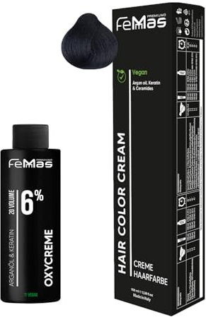 Femmas Haarfarbe Set Blauschwarz 1.1 I Hair Color Cream 100ml + Oxycreme 100ml 6% I Permanente Haar-Coloration + Entwickler I Schonend & langanhaltend I Salon-Haarfarbe für Zuhause