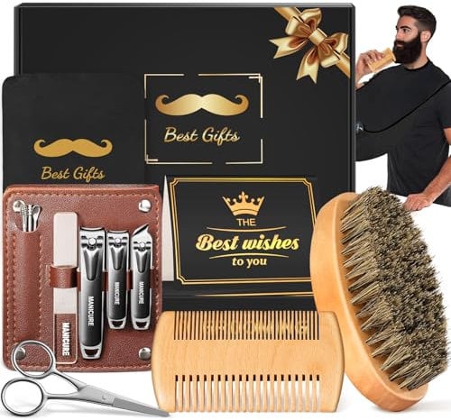 Bartbürste Bartpflege Set für Männer, Linkax Geschenke für Männer Papa Opa, Bart Geschenk mit Bartkamm Schürze Schere Nagelknipser Maniküre Set, Vatertagsgeschenk Geburtstagsgeschenk Männergeschenke