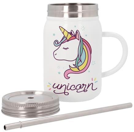 Tazza termica in acciaio inox con coperchio e cannuccia, motivo: unicorno arcobaleno cute horse, 500 ml, tazza termica