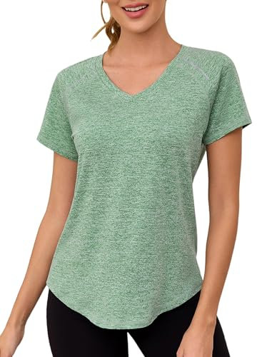 Gyabnw Women's V-Neck Gym T-Shirt Short Sleeve Sports Tops Quick Dry Workout Shirt with Reflective Strips for Running Yoga Fitness Green