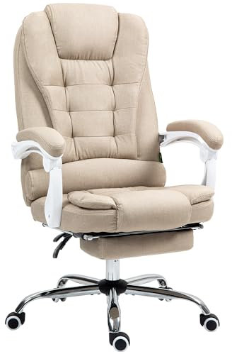 Vinsetto Fauteuil de Bureau Ergonomique, Chaise de Bureau avec Repose-Pied, Dossier inclinable, accoudoirs rembourrés, en Tissu Aspect Lin Beige