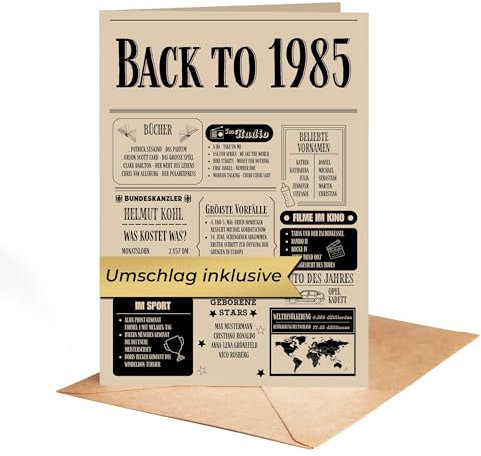 Geschenk zum 40 Geburtstag Mann und Frau – Geburtstagsgeschenk für Männer – Back in 1985 Kärtchen im Design Zeitung aus 1985 – Super Geschenke für Männer und Geschenke für Frauen zum 40. Geburtstag