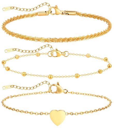 Gamtic Bracelet de Cheville Réglable pour Femme - Chaine Cheville en Acier Inoxydable Chirurgical 316L avec Perles Porte-bonheur Bracelet Coeur Imperméable Bijoux Accessoire Plage Été (Or JC-215G)