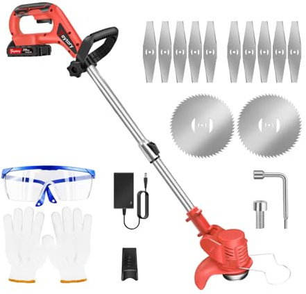 Débroussailleuse sans Fil 21V Coupe Bordure, avec 2 Batterie et Chargeur, 127.5cm Coupe-Herbe électrique Portatif pour Pelouse Jardin Terrain Agricole（avec 1 Batterie/Rouge）