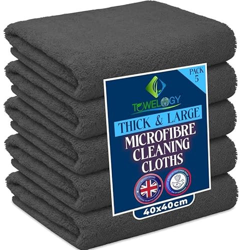 Towelogy® Heavy Duty Microfibre Cleaning Cloths for Home All Purpose - Larger, Thicker, More Absorbent Cleaning Cloth - 100% Lint Free Micro Fibre Cloths for Kitchen, Bathroom and Car (Grey)