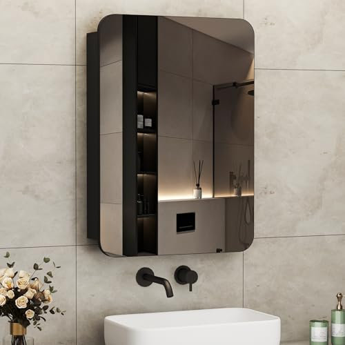 Boromal Spiegelschrank Bad Spiegelschrank mit Innenspiegel Metall Badezimmerschrank Schwarz mit Spiegel und Verstellbare Glasablage (50 x 70 x 12,5 cm)