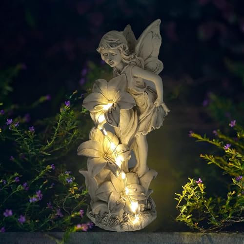 Tuzsocr Gartendeko Fee Deko,36 LED Wasserdichte Dschinn Solar Licht,Harz Elfen Gartenstatue,Draußen Wetterfest Gartenfiguren Blumenfee Solar Figur,Fee Engel Skulptur für Rasen,Hof,Terrasse,Fensterbank
