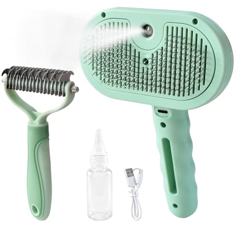 3-in-1-Dampfbürste für Hunde und Katzen, doppelseitiger Unterfellrechen für Haarausfall und Fellpflege, Spray zur Entfernung von Tierhaaren und Enthaarung, Entfilzungskamm für langes, kurzes Haar, 2