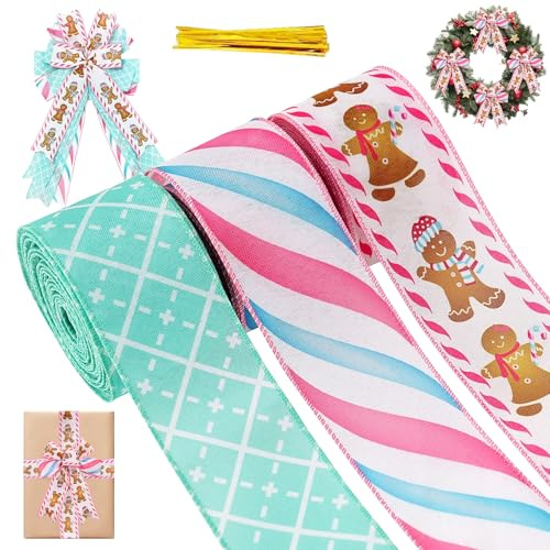 3 Stück Geschenkband Weihnachten, Schleifenband Weihnachten, Weihnachtsband Breit 6CM, Dekoband Weihnachten, Weihnachtsbänder, Lebkuchenmann Bänder für Basteln,Geschenk Verpackung,Kranz,Weihnachtsbaum