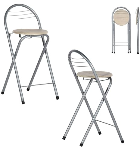 GOKHOMX Klapphocker Faltbar 2er Set, Tragbarer Faltbarer Hocker Barhocker Klappbarer mit Lehne Outdoor Gartenhocker Klappbar für Garten Balkon Küche Bar Outdoor, Sitzhöhe 61 cm (Eiche und Silber)