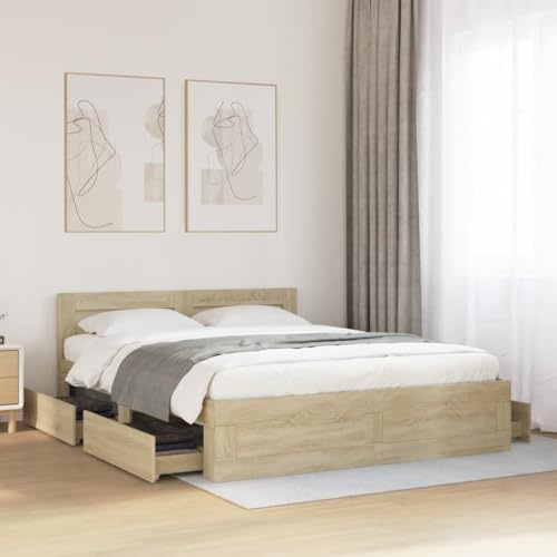 Refined Bettgestell Bett Bettrahmen mit Lattenrost Doppelbett Schlafzimmerbett mit Stauraum mit Kopfteil Sonoma-Eiche 160x200 cm Holzwerkstoff