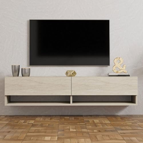 CONCEPT USINE Meuble TV Suspendu SARTY Effet Travertin 141 cm | 2 placards abattants et 2 niches ouvertes, fixation murale, aspect minéral