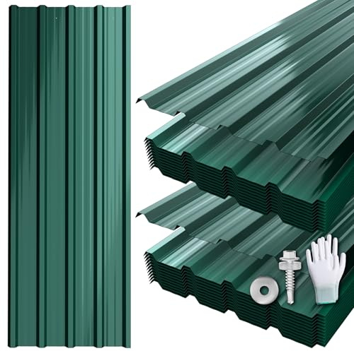 Suusolny 24er Set Profilblech mit Handschuhe & Schraube Verzinkter Stahl Trapezblech Dachblech mit Struktur 14 m² Dachplatten Wetterfest Rostresistent Wellblech für Gerätehaus Carport - Grün