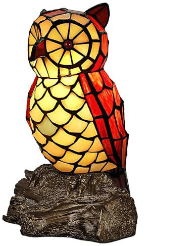 ADM - 'Eule' - Nachttischlampe mit geschweißtem Glasschirm, Tiffany-Verarbeitung und mit bronziertem Harzfuß - Gelb - H26 cm